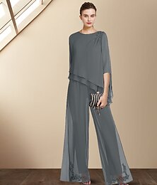 economico -Tuta  pantaloni a due pezzi madre della sposa invitata matrimonio elegante taglie forti collo gioiello lunghezza a terra chiffon maniche 3/4 con applicazioni 2025 taglia personalizzata gratuita