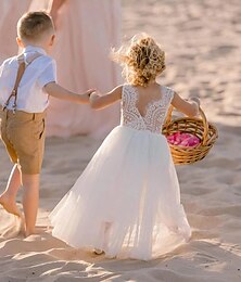 economico -Abito da damigella d'onore A-Line lungo fino al pavimento Festa di matrimonio Ragazze Abito carino da ballo in pizzo con arricciature Tutu schiena in pizzo Fit 3-16 anni abito da far colpo