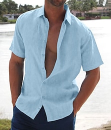 abordables -Hombre camisa de lino Camisa de verano Camisa de playa Negro Blanco Rosa Manga Corta Color sólido Cuello Vuelto Verano Hawaiano Festivos Ropa Abotonar