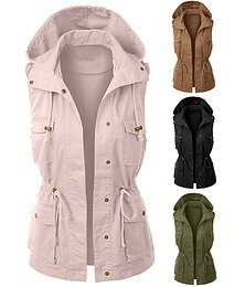 abordables -Anorak militar con capucha de mujer safari chaleco de carga con cordón de utilidad chaqueta de invierno gabardina superior al aire libre térmico cálido a prueba de viento multibolsillos verde militar rosa negro pesca escalada viajar