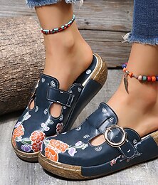 abordables -Zuecos sin cordones con bordados florales para mujer, detalle de hebilla y tacón de cuña: zapatos casuales vintage cómodos