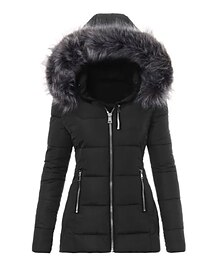 cheap -Women's Puffer Jacket Winter Jacket Winter Coat Comfortable Casual Daily Casual Daily Weekend Fur Collar Fleece Lined Zipper Hoodie Daily Comtemporary Stylish Simple Solid Color Regular Fit Outerwear