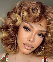 cheap -Short Curly Wigs for Black Women Soft Brown Blonde Big Curly Wig with Bangs Afro Kinky Curls Heat Resistant Daily Synthetic Wig for African American Women