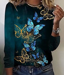 abordables -Camiseta de mujer vintage básica con estampado de mariposas, manga larga, cuello redondo, para uso diario, fin de semana, rosa, azul, morado, marrón, verde, otoño&amp; invierno