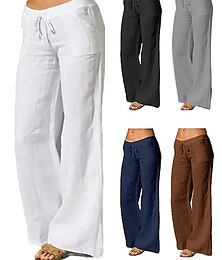 economico -Per donna Taglie Forti Pantaloni in cotone e lino Vita Alta Tinta unica Coulisse Gamba larga Comodo Traspirante Asciugatura Rapida Micro-elastico Nero Bianco Blu marino scuro Blu Estate Primavera