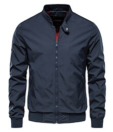 cheap -Men's Bomber Jacket Sport Coat Daily Wear Vacation Outdoor Casual / Daily Zipper Pocket Spring Fall Solid Color Warm Ups Comfort Standing Collar Black Dark Navy Green Jacket