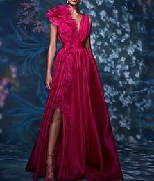 cheap -A-Line Evening Gown Celebrity Style Dress Red Green Dress Formal Wedding Guest Floor Length Sleeveless V Neck Chiffon with Slit Pure Color 2024