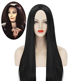 economico -Parrucca della Famiglia Addams Parrucca Sintetica Parrucca con Parte Centrale Lunga Nera Naturale #1B Capelli Sintetici Regolabile Resistente al Calore Parrucche di Halloween Sintetiche