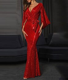 levne -Dámské Dlouhé šaty Maxi šaty Flitrové šaty Šaty na ples Šaty na párty Šaty pro návrat domů Módní stylové Sexy Formální Zimní šaty Svatební host Běžný Čistá barva Dlouhý rukáv Do V Rubínově červená