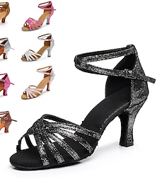 cheap -Women's Latin Shoes Dance Shoes Indoor Practice ChaCha Basic Party / Evening Professional High Heel Round Toe Buckle Adults' Black / Gold Black / Silver Rosy Pink