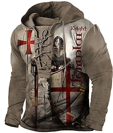 cheap -Men's Pullover Hoodie Sweatshirt Pullover Black Blue Brown Khaki Hooded Knights Templar Graphic Prints Cross Lace up Print Casual Daily Sports 3D Print Streetwear Designer Basic Spring &  Fall