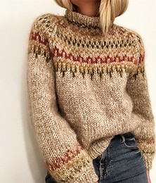 cheap -Women's Pullover Sweater Jumper Turtleneck Crochet Knit Acrylic Knitted Fall Winter Outdoor Daily Going out Stylish Casual Soft Long Sleeve Striped Maillard Khaki Gray S M L