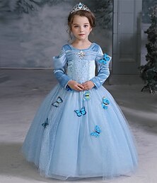 preiswerte -kinderkleidung Mädchen Party Kleid Schmetterling Langarm Leistung Besondere Anlässe Rundhalsausschnitt Prinzessin Süß Gitter Maxi A Linie Kleid Frühling Herbst 4-12 Jahre Blau