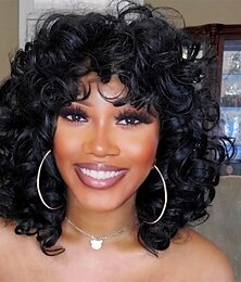 economico -parrucche corte ricci per donne nere morbida parrucca nera grande riccia con frangia ricci afro crespi parrucca sintetica dall'aspetto naturale resistente al calore per donne afroamericane