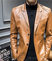 Недорогие -Муж. Кожаные куртки Блейзер Офис и карьера На каждый день Теплый Карман Кнопка вниз Весна & осень Сплошной/однотонный цвет Стиль Наколенники Отложной Искусственная кожа Винный Черный Хаки Темно-синий