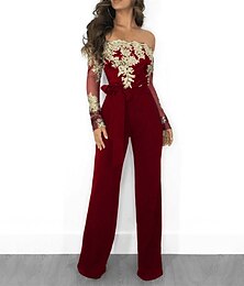 economico -tuta da donna pizzo ricamato floreale spalle scoperte elegante natale matrimonio festa vestibilità regolare manica lunga nero vino blu s m l autunno