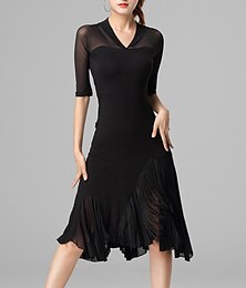 abordables -Baile Latino Vestido Borla Color Puro Mujer Rendimiento Ropa Cotidiana Media Manga Cintura Alta Cristal algodón