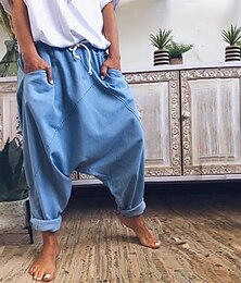 cheap -Women's Fashion Streetwear Chinos Harem Pants Side Pockets Baggy Elastic Drawstring Design Full Length Pants Casual Weekend Micro-elastic Plain Linen / Cotton Blend Comfort Mid Waist Loose Blue Gray