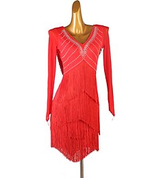 billige -latinsk dansekjole frynset dusk delt ledd krystaller / rhinestones kvinners prestasjonstrening langermet chinlon mesh