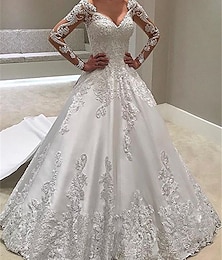 olcso -Eljegyzés Előírásos Esküvői ruhák Báli ruha Szív-alakú Hosszú ujj Udvariuszály Szatén Menyasszonyi ruhák Val vel Gombok Rátétek 2024