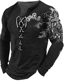 cheap -Men's T shirt Tee Tee Graphic Cross Collar Black 3D Print Outdoor Street Long Sleeve Lace up Print Clothing Apparel Basic Designer Casual Classic