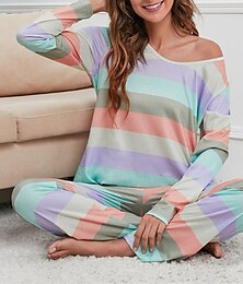billiga -kvinnors pyjamas nattliga pjs set 2 delar regnbågsränder mode komfort mjukt hem daglig säng bomull andas v wire långärmad t-shirt t-shirt byxa vår höst hem outfits