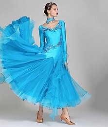 billiga -Tiodans Klänning Strass Broderad Dam Prestanda Träning Långärmad Elastan Organza