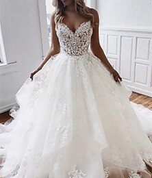 cheap -Engagement Formal Wedding Dresses Ball Gown Sweetheart Camisole Spaghetti Strap Chapel Train Lace Bridal Gowns With Appliques