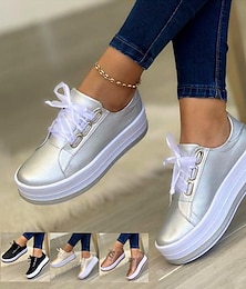 cheap -Women's Sneakers Plus Size Platform Sneakers White Shoes Daily Solid Color Summer Spring Fall Platform Flat Heel Round Toe Sporty Casual Walking PU Lace-up Silver Dark Red Black