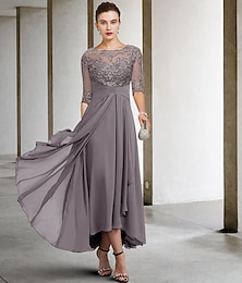 cheap -A-Line Mother of the Bride Dress Wedding Guest Elegant Plus Size High Low V Neck Asymmetrical Ankle Length Chiffon Lace Half Sleeve with Beading Appliques 2024
