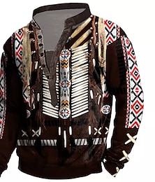 cheap -Thanksgiving Native American Jacket Mens Graphic Hoodie Sweatshirt Pullover Button Up Coffee Standing Collar Prints Casual Daily Sports 3D Boho Festival Brown Cotton