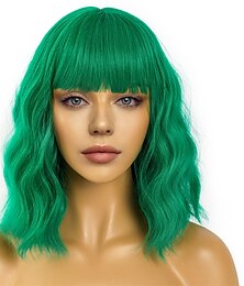 economico -parrucche caschetto corto con frangia per donna parrucca verde ondulata sciolta ricci ondulati lunghezza spalle bob parrucca cosplay sintetica per ragazza parrucche colorate festa di natale parrucche