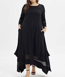 cheap -Women‘s Plus Size Curve Casual Dress Pure Color Crew Neck 3/4 Length Sleeve Spring Fall Casual Maxi long Dress Daily Vacation Dress Black Dress