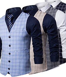 billiga -Herr Väst Bröllop Dagliga kläder Utekväll Festival Affär Grundläggande Höst vinter Ficka Polyester Andningsfunktion Mjuk Bekväm Rutig Enkelknäppt V-hals Normal Kamel askfärgad Mörkblå Ljusblå Väst
