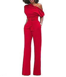 cheap -Women's Jumpsuit Pocket High Waist Solid Color One Shoulder Elegant Wedding Party Regular Fit Half Sleeve Black White Yellow S M L Fall