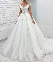 cheap -Formal Wedding Dresses Ball Gown V Neck Cap Sleeve Chapel Train Lace Bridal Gowns With Appliques 2025