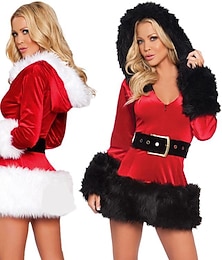 abordables -Traje de santa Papá Noel Mrs.Claus Disfraz Vestido de navidad Ropa de santa Disfraces sexy Mujer Navidad Dama sexy traje de cosplay Vestido Cinturón