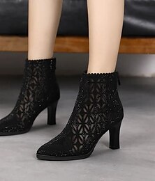 abordables -Botines de malla negros para mujer con adornos de diamantes de imitación: elegante diseño de tacón alto para fiestas y noches