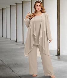 cheap -Jumpsuit / Pantsuit 3 Piece Mother of the Bride Dress Wedding Guest Elegant Plus Size Jewel Neck Floor Length Chiffon Sleeveless No with Solid Color 2024