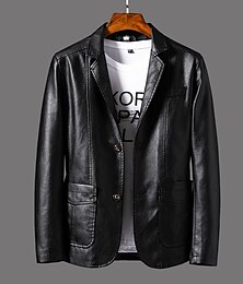 billiga -Herr Imitationsläderjacka Kontor & Karriär Dagliga kläder Varm Ficka Button-Down Vår & Höst Enfärgad / vanlig färg Stylish Uppvärmning Nedvikt Imitationsläder Mörkgul Vin Svart Jacka