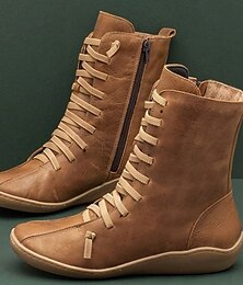 baratos -Mulheres Botas Tamanhos Grandes Cor Sólida Botas da panturrilha Inverno Sem Salto Ponta Redonda Pele PU zíper Preto Rosa claro Marron