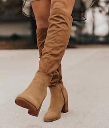 abordables -Botas altas hasta la rodilla de ante color tostado para mujer con punta puntiaguda y tacón de bloque: calzado elegante y cómodo para otoño e invierno