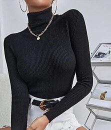 abordables -Femme Pull basique Décontractées Couleur unie A côtes Col Roulé Tricoté Mince manche longue Tricoter du quotidien Noir Blanche Automne Hiver