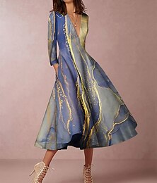 preiswerte -damen semi-formal partykleid hochzeitsgast kleid swingkleid midikleid blau 3/4 ärmel batik gerüscht winter herbst herbst v-ausschnitt stylish 2023 s m l xl xxl 3xl