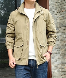 cheap -Men's Lightweight Jacket Cargo Jacket Hoodie Jacket Outdoor Daily Wear Warm Pocket Fall Winter Plain Fashion Streetwear Hooded Regular Black Khaki Dark Blue Grey Jacket