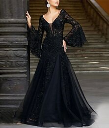 cheap -A-Line Evening Gown Black Dress Vintage Formal Wedding Guest Floor Length Long Sleeve V Neck Lace with Appliques 2024