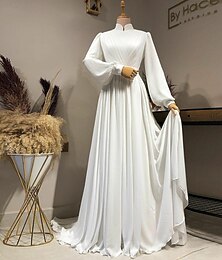 abordables -Vestidos de Novia Informales Vintage de los Años 1940  1950 Vestidos de Novia de Gasa con Cuello Alto de Manga Larga con Cola y Pliegues de Color Sólido