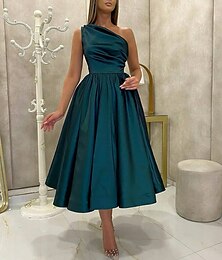 preiswerte -A-Linie Cocktailkleider Hohe Spalte Kleid Ball Geburtstag Tee Länge Ärmellos Eine Schulter Herbst Hochzeitsgast Satin mit Schlitzen einfarbig Derby-Kleider 2025