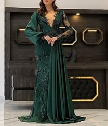 cheap -Mermaid / Trumpet Evening Gown Elegant Dress Formal Wedding Guest Floor Length Long Sleeve V Neck Fall Wedding Guest Lace with Appliques Pure Color 2024