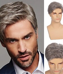 abordables -Peluca corta para hombre, pelucas de pelo de cosplay sintéticas naturales rectas grises para hombre, peluca completa de reemplazo diario